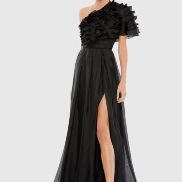 Ieena for Mac Duggal Ruffle Layered One Shoulder black Gown dress size 4 - Picture 4 of 4